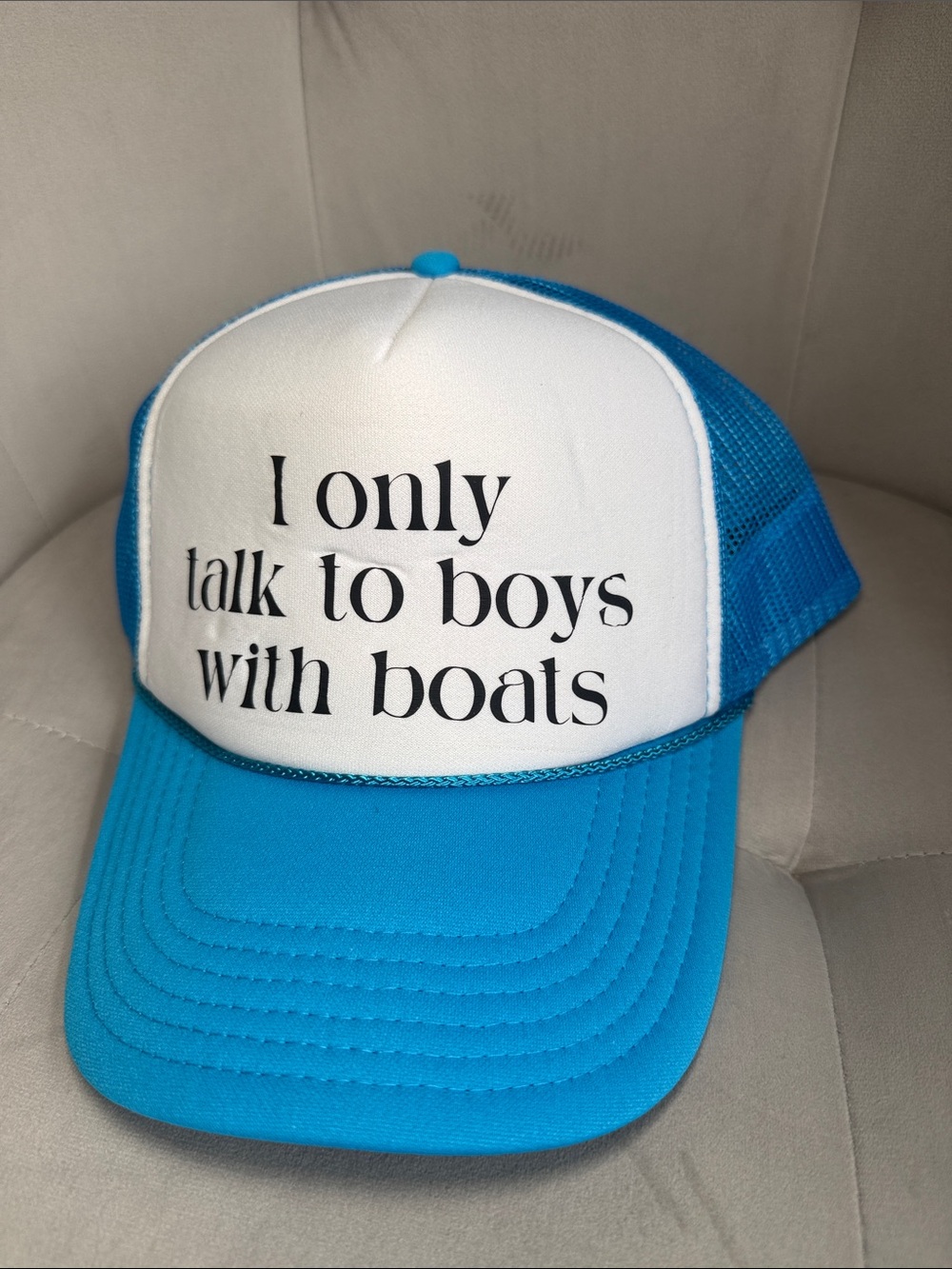 I Only Talk to Boys With Boats Blue & White Trucker Hat
